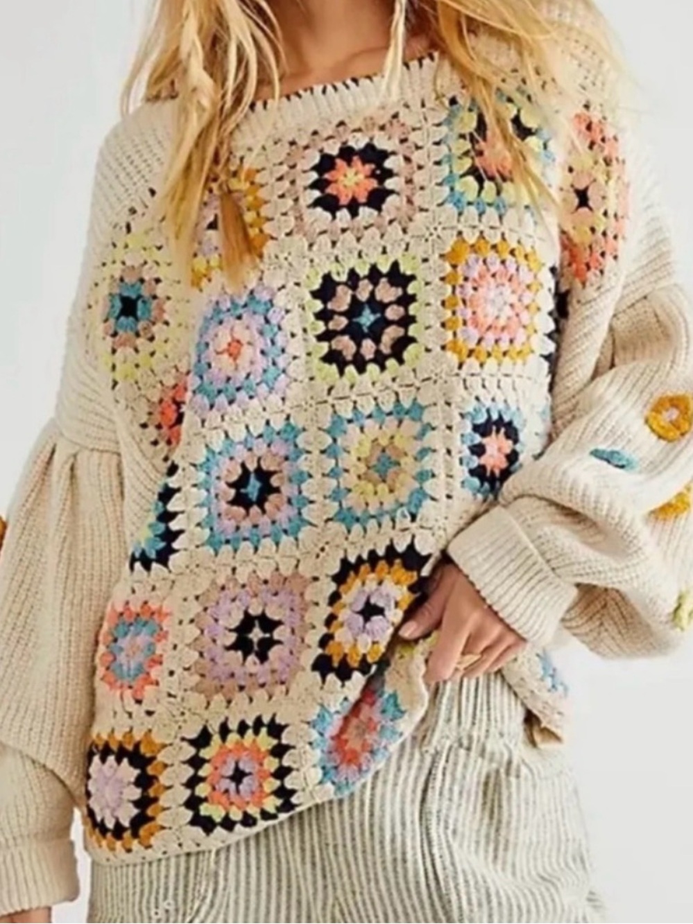 NWOT Free people Ambrose crochet sweater pullover granny square dropped sleeve